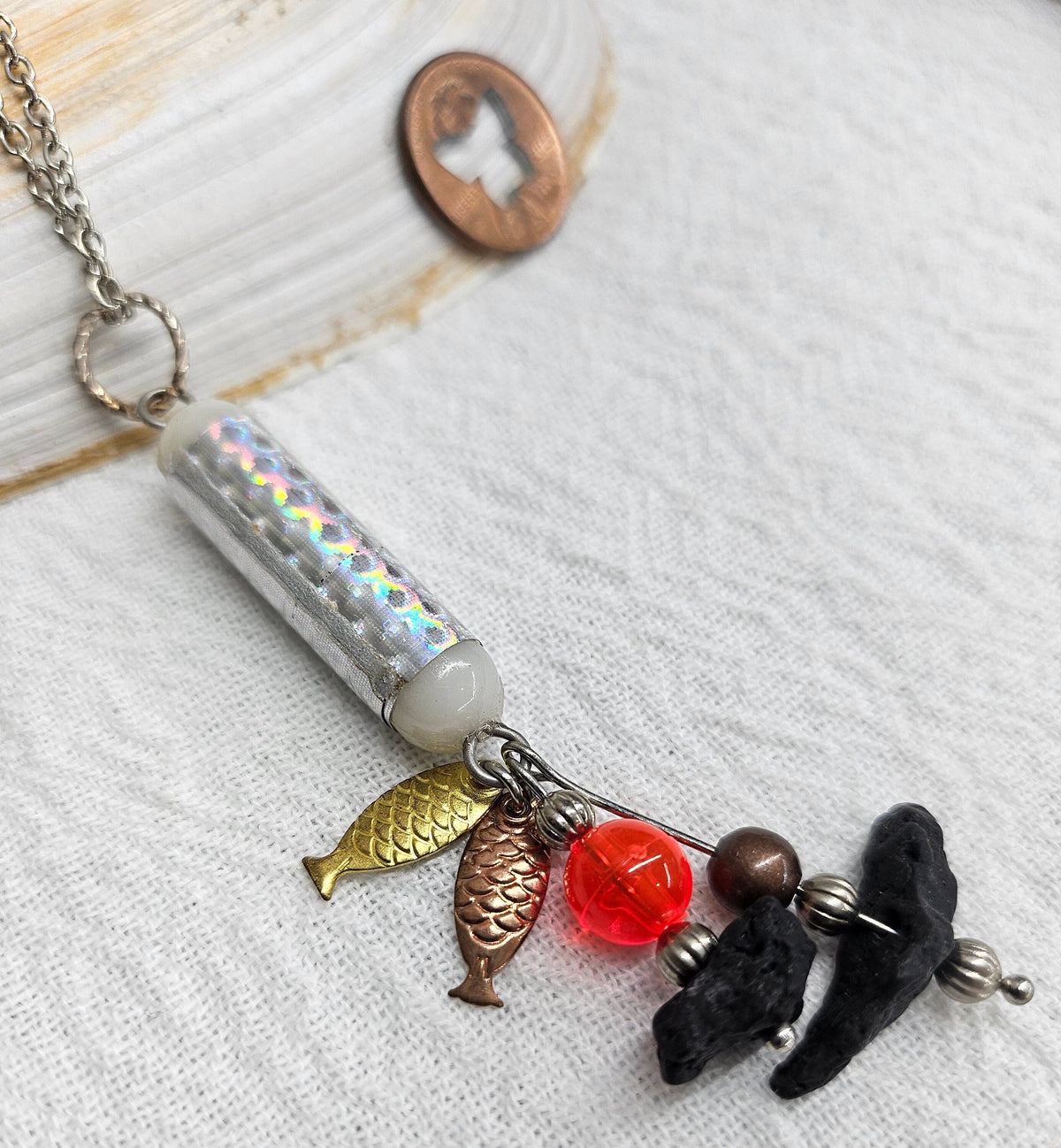 Fishing Charm Pendant with Lava Stone on Durable Stainless Steel Chain for Nature Lovers and Outdoor Enthusiasts