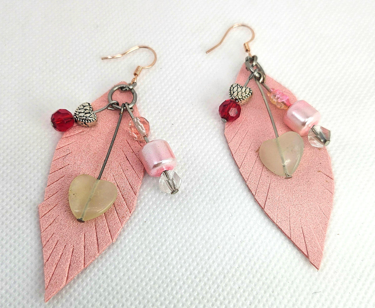 Handcrafted Leather Feather Earrings with Agate  Hematite  Rustic Boho Jewelry with Rose Gold Hooks for Everyday  Special Occasions