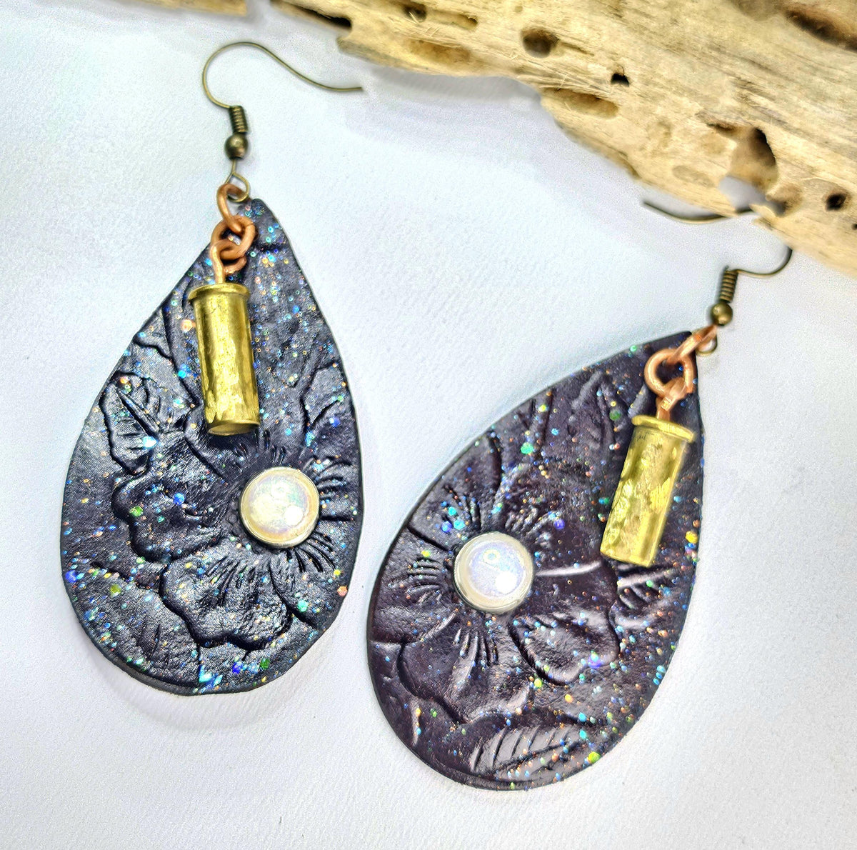 Embossed Leather Pearl Stud Earrings with 22 Bullet Brass Detail - Unique Fashion Statement for Bold Style