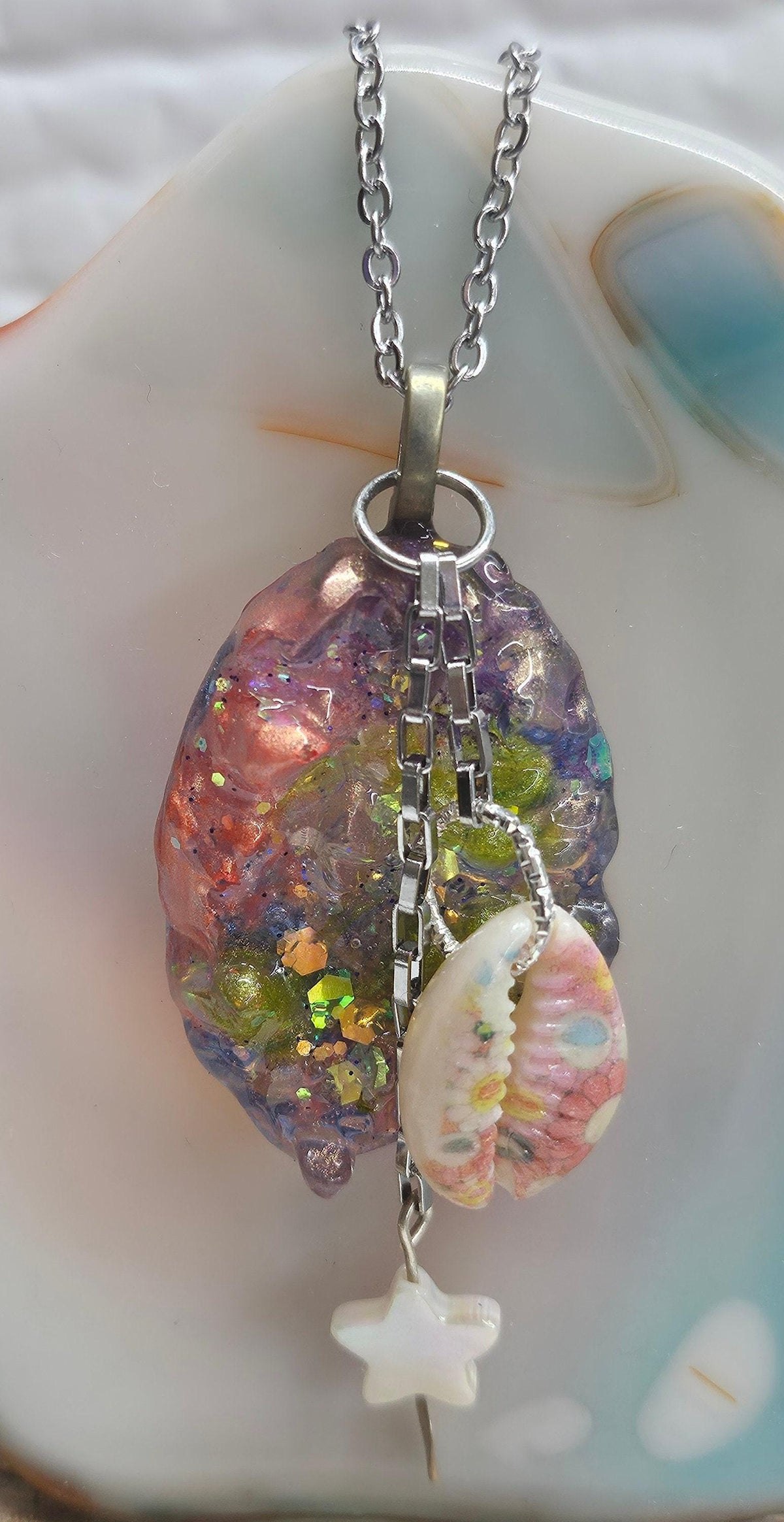Mother of Pearl  Painted Cowrie Shell Pendant - Rustic Boho Handmade Jewelry Gift for Her - Free Shipping - Unique Statement Necklace