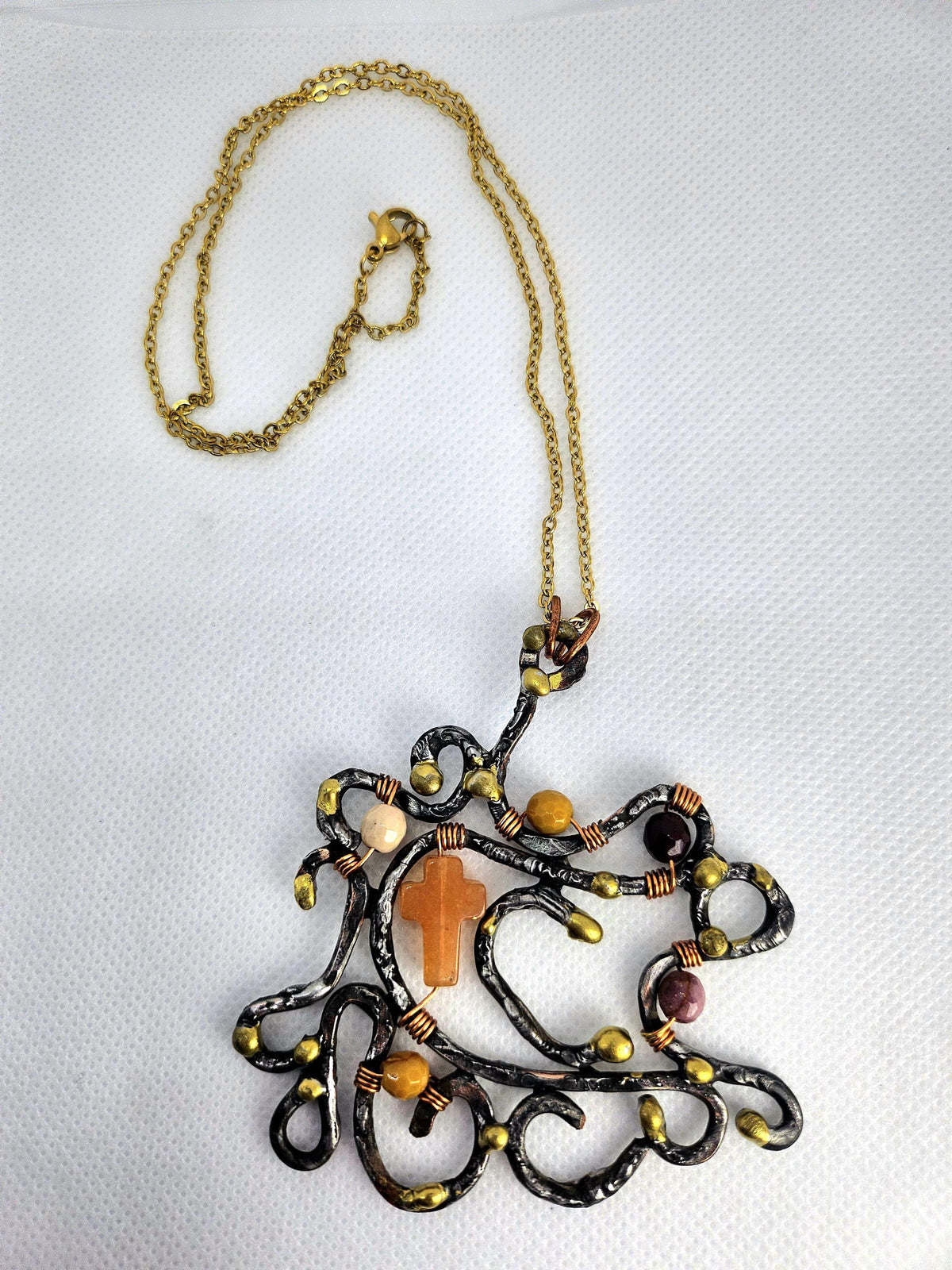 Handmade Carnelian Cross Pendant with Mookite Beads and Silver Solder on Gold Filled Chain - Unique Boho Jewelry Gift for Her Perfect