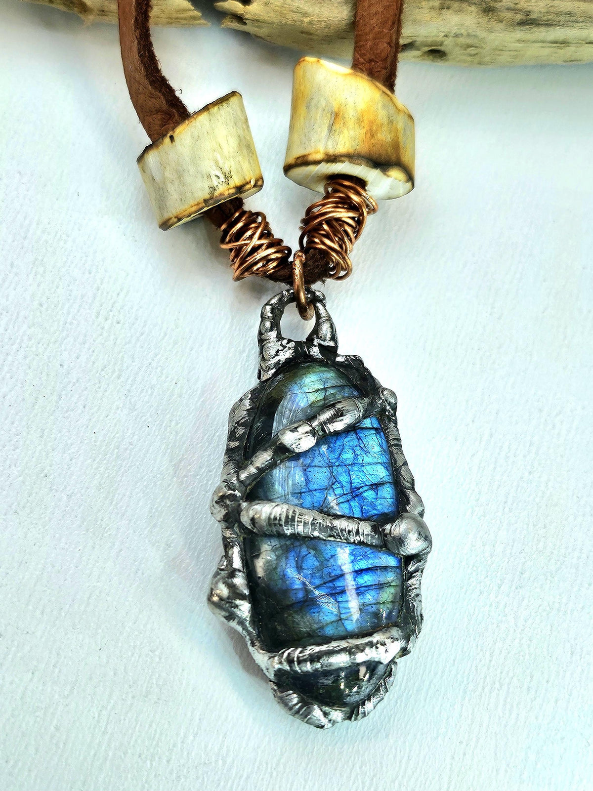 Leather Necklace with Silver-Soldered Blue Labradorite  Deer Antler Beads for Nature-Inspired Style