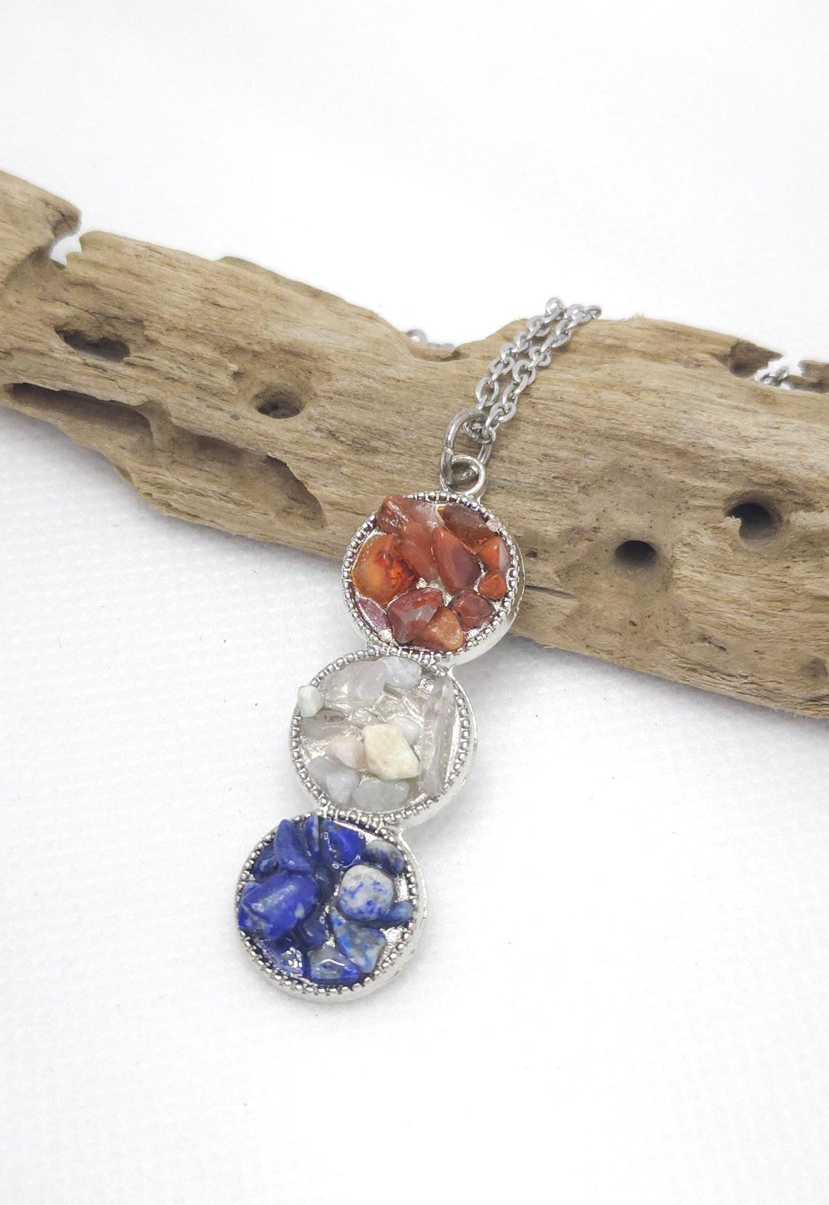 Handcrafted Red White Blue Chip Stone Pendant with Stainless Steel Chain for Rustic Boho Jewelry Lovers - Unique Gift for Everyday Wear