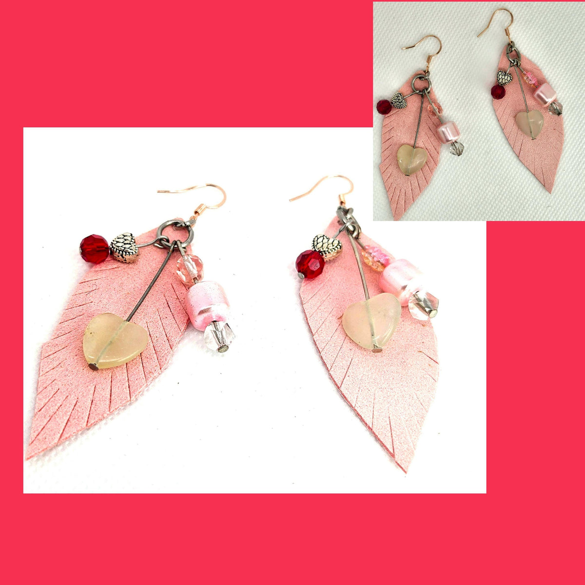 Handcrafted Leather Feather Earrings with Agate  Hematite  Rustic Boho Jewelry with Rose Gold Hooks for Everyday  Special Occasions