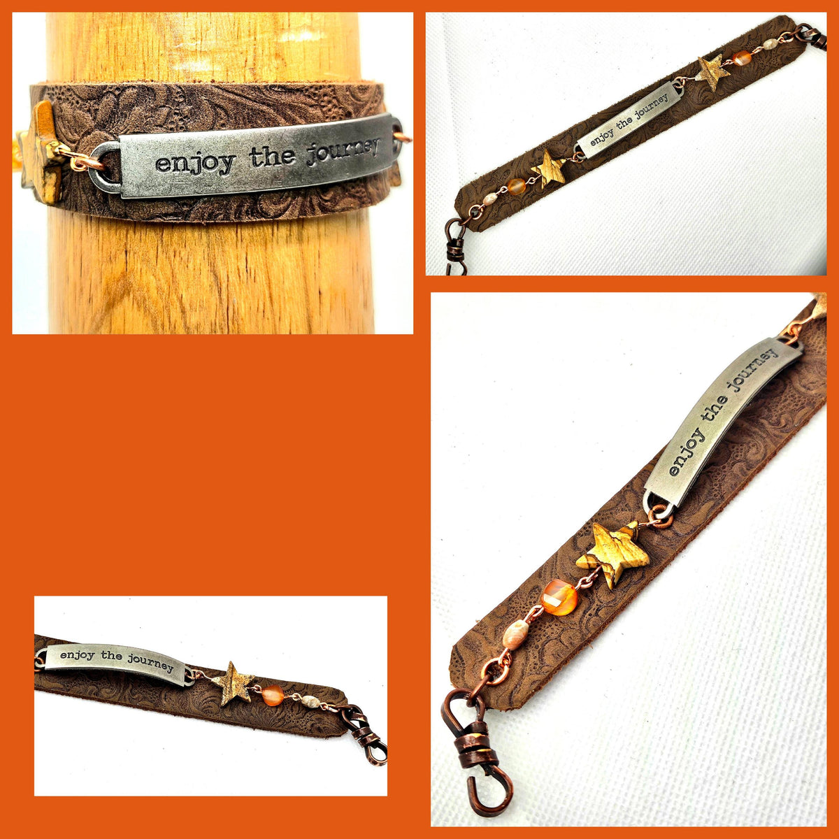 Tooled Leather  Jasper Stone Bracelet with Unique Word Plate Snap Closure for Stylish Comfort  Expression