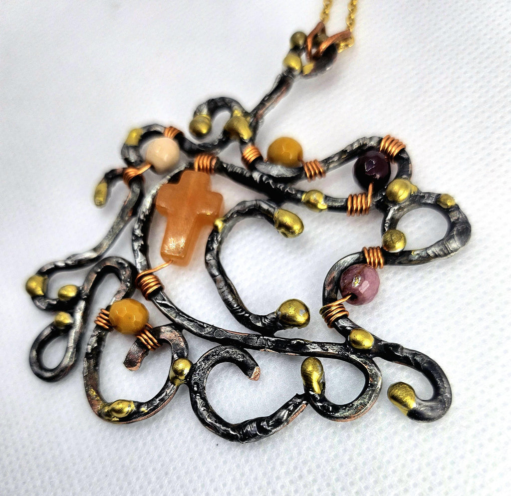 Handmade Carnelian Cross Pendant with Mookite Beads and Silver Solder on Gold Filled Chain - Unique Boho Jewelry Gift for Her Perfect