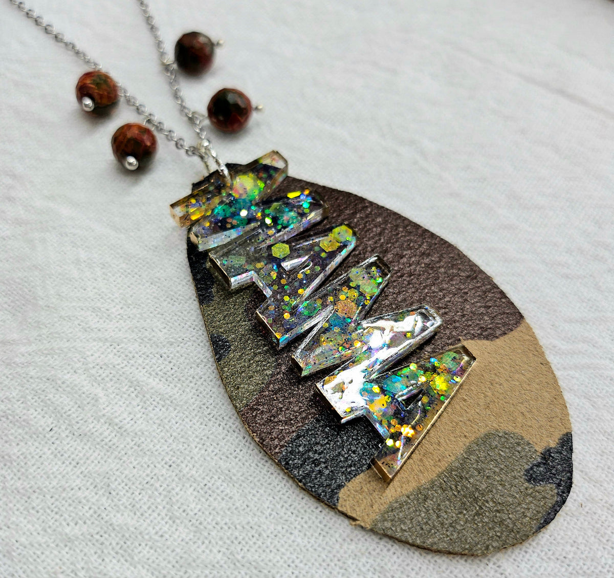 Mama Charm Leather Fringe Pendant with Cherry Creek Jasper Beads on Stainless Steel Chain - Stylish Camo Teardrop Accessory for Moms