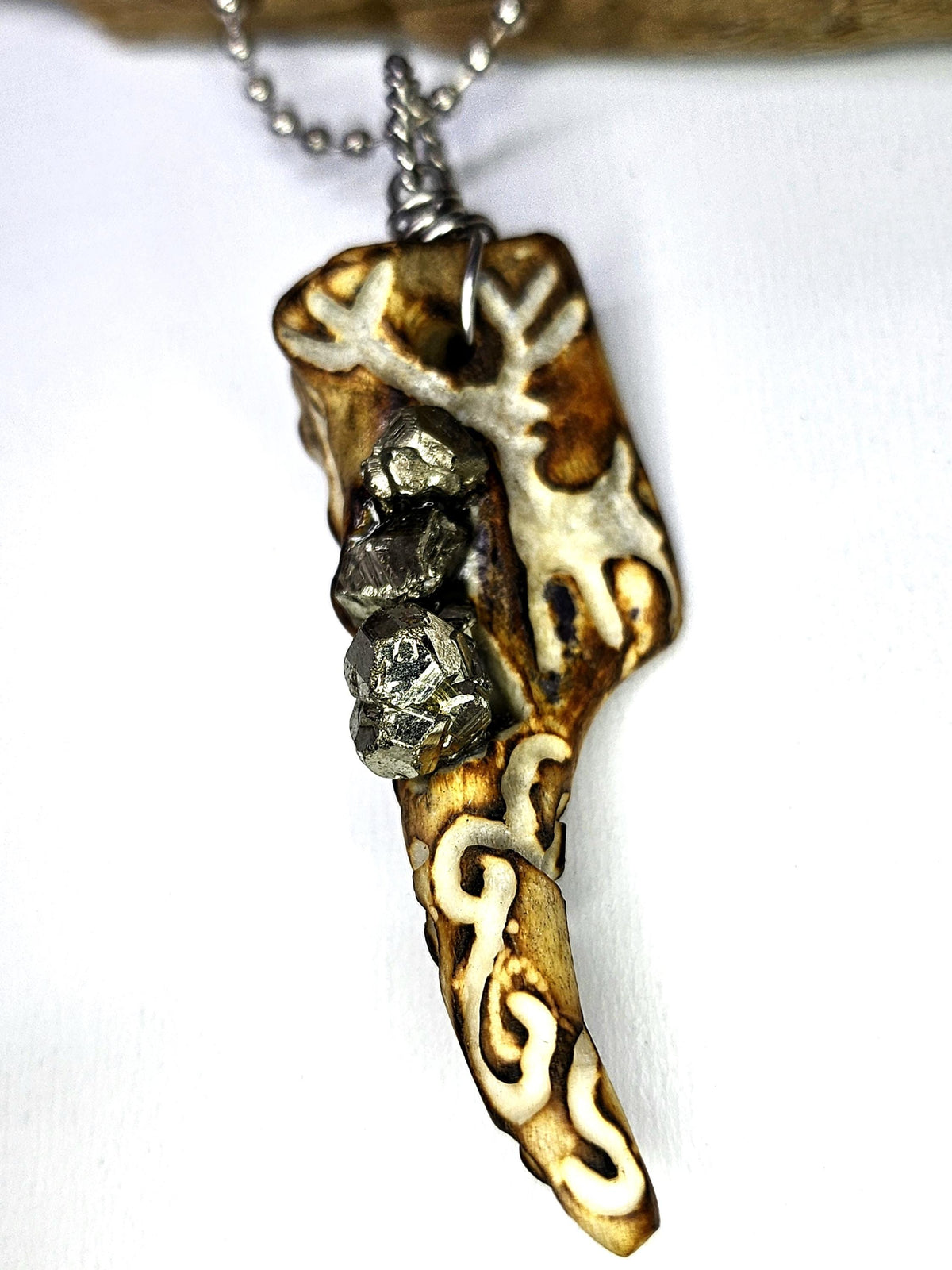 Hand Carved Deer Tine  Pyrite Nugget Pendant on Stainless Steel Chain  Rustic Woodland Jewelry Good Luck Charm for Nature Lovers