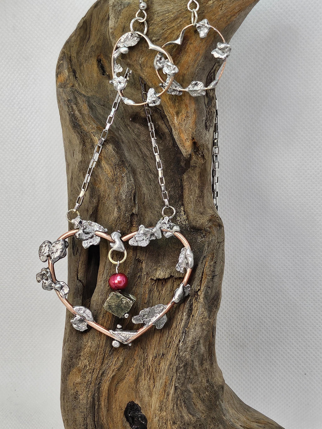 Handcrafted Pink Freshwater Pearl Necklace  Earring Set with Sparkling Pyrite Accents Durable Copper Wire Stainless Steel Hooks
