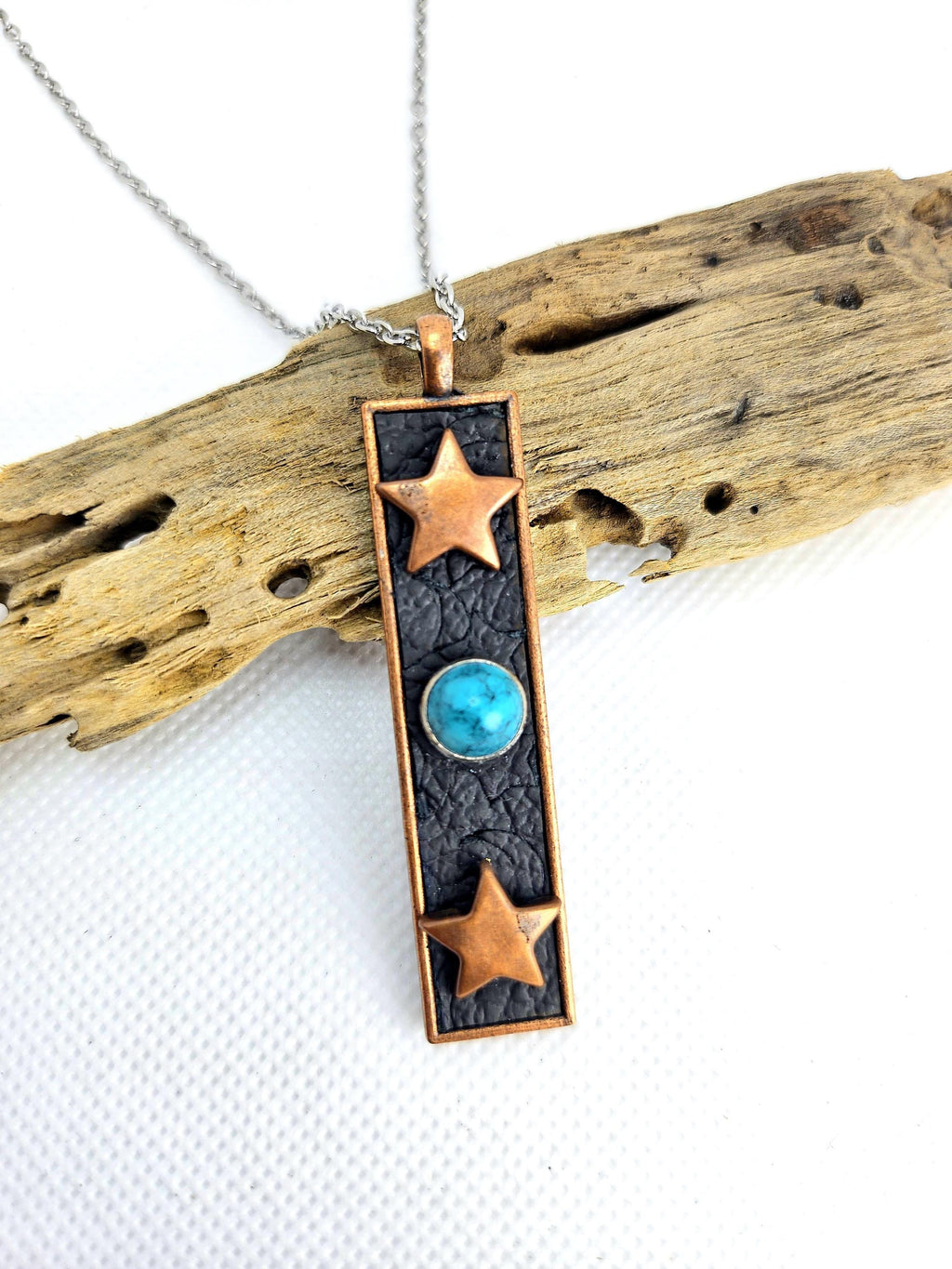 Handmade Copper  Turquoise Pendant Necklace on Durable Stainless Steel Chain for Rustic Boho Style Perfect Gift Idea