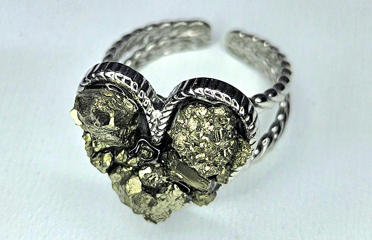 Adjustable Pyrite Nugget Ring with Stainless Steel Band - Dazzling Gold-Like Sparkle for Unique Style