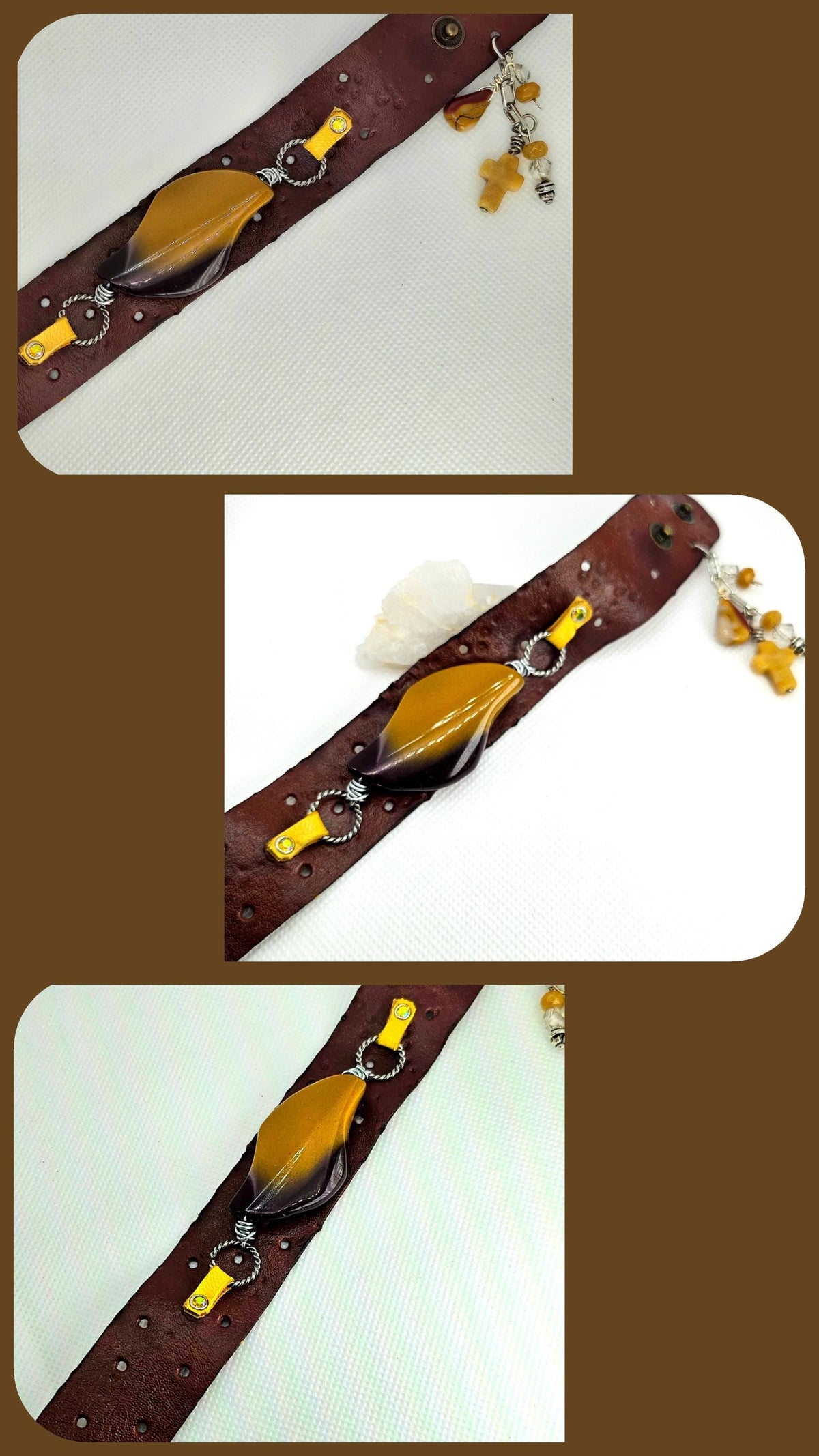 Handmade Mookite Leather Cuff Bracelet with Sparkling Rhinestone Studs and Convenient Button Closure