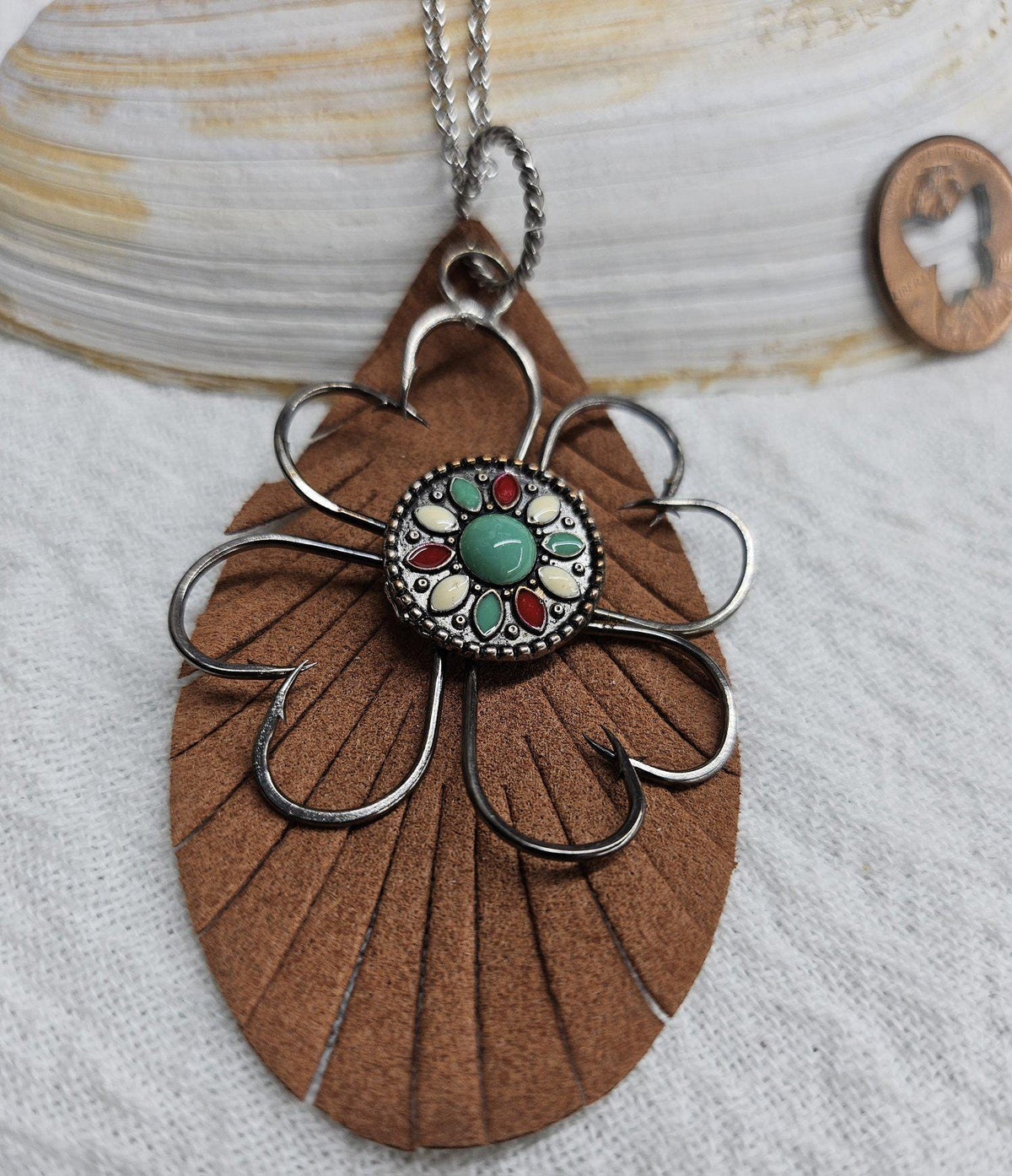 Fish Hook Pendant Necklace with Turquoise Leather Accents on Stainless Steel Chain for Ocean Lovers