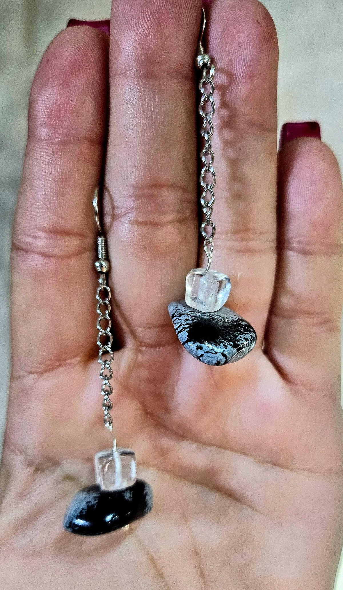 Snowflake Obsidian  Chain Drop Earrings Handmade Rustic Boho Jewelry Gift for Her Unique Statement Accessories with Free Shipping