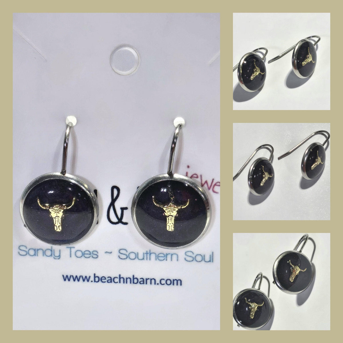 Dark Purple Bull Head Earrings - Rustic Boho Handmade Jewelry Gift for Her - Unique Quirky Accessory with Free Shipping