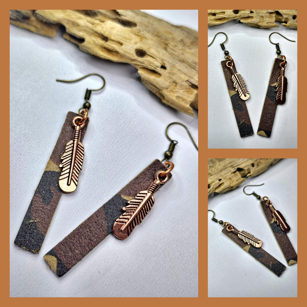 Handcut Camouflage Leather  Feather Charm Earrings with Whimsical Deer Pendant for Unique Style