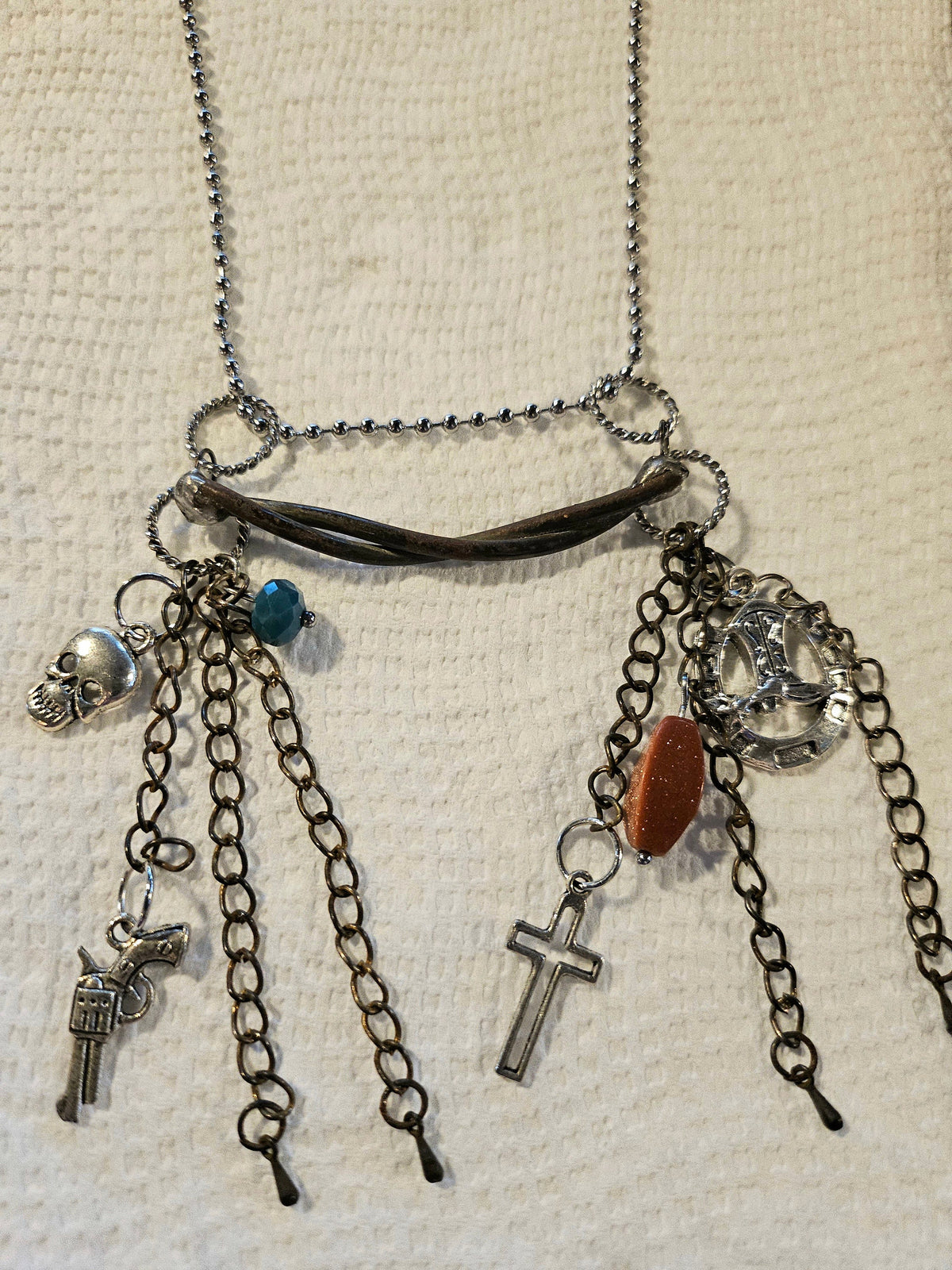Rustic Bar Necklace with Goldstone  Silver Solder on Stainless Steel Chain - Unique Handmade Jewelry for Rustic Charm