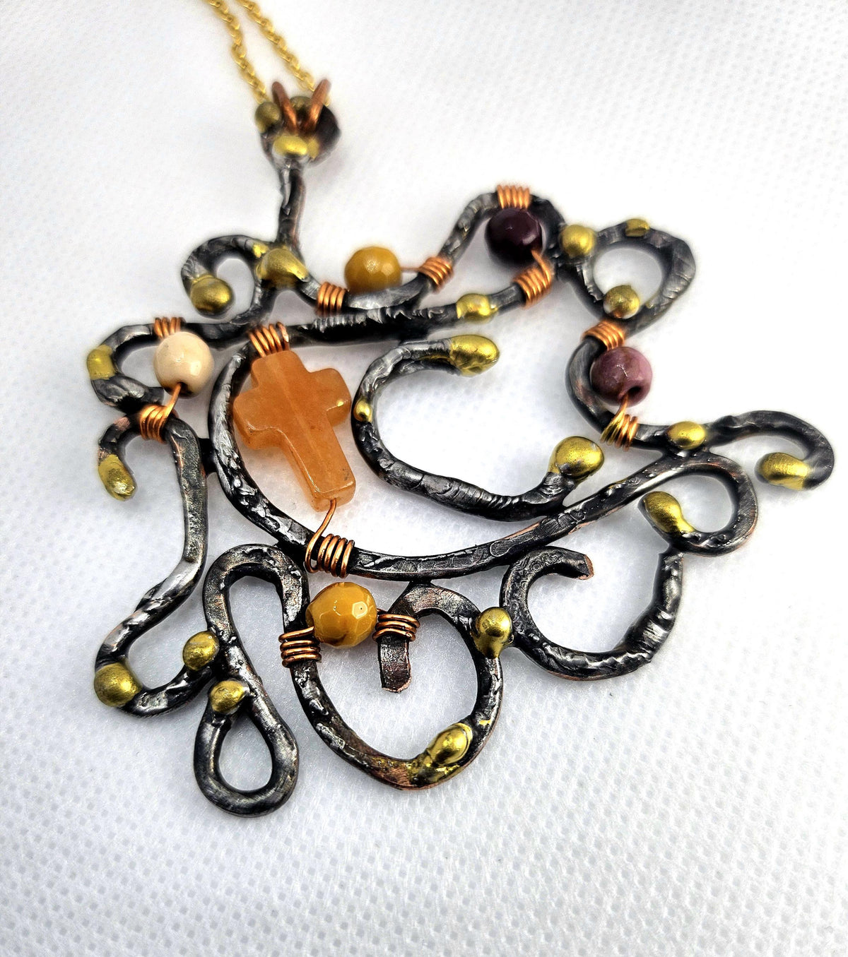 Handmade Carnelian Cross Pendant with Mookite Beads and Silver Solder on Gold Filled Chain - Unique Boho Jewelry Gift for Her Perfect