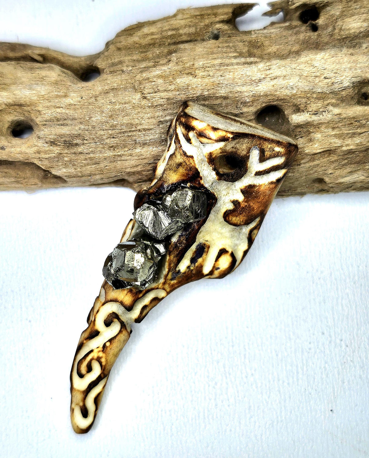 Hand Carved Deer Tine  Pyrite Nugget Pendant on Stainless Steel Chain  Rustic Woodland Jewelry Good Luck Charm for Nature Lovers