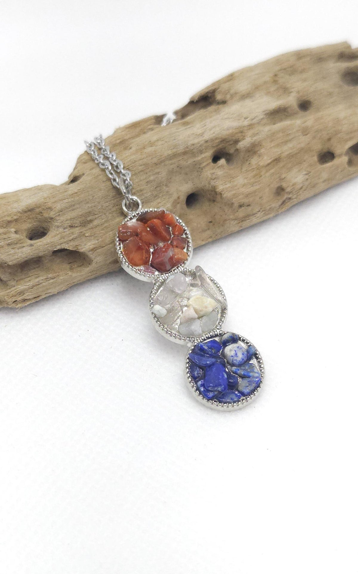 Handcrafted Red White Blue Chip Stone Pendant with Stainless Steel Chain for Rustic Boho Jewelry Lovers - Unique Gift for Everyday Wear