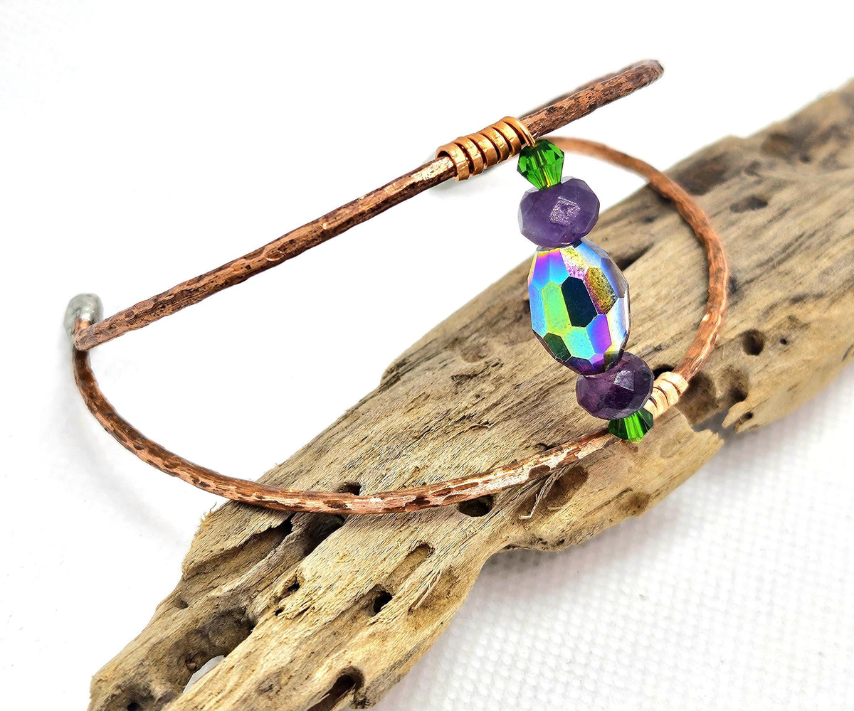 Textured Copper Wire Cuff Bracelet with Crystal Accent  Rustic Boho Handmade Jewelry Gift for Her  Free Shipping Available