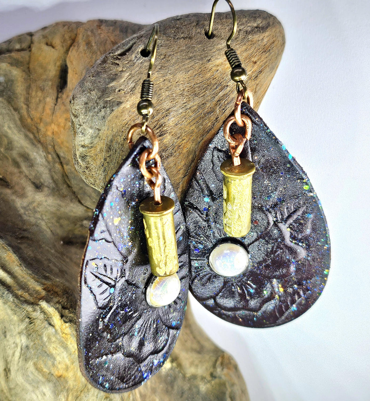 Embossed Leather Pearl Stud Earrings with 22 Bullet Brass Detail - Unique Fashion Statement for Bold Style