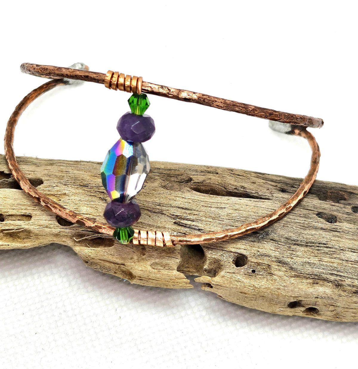 Textured Copper Wire Cuff Bracelet with Crystal Accent  Rustic Boho Handmade Jewelry Gift for Her  Free Shipping Available