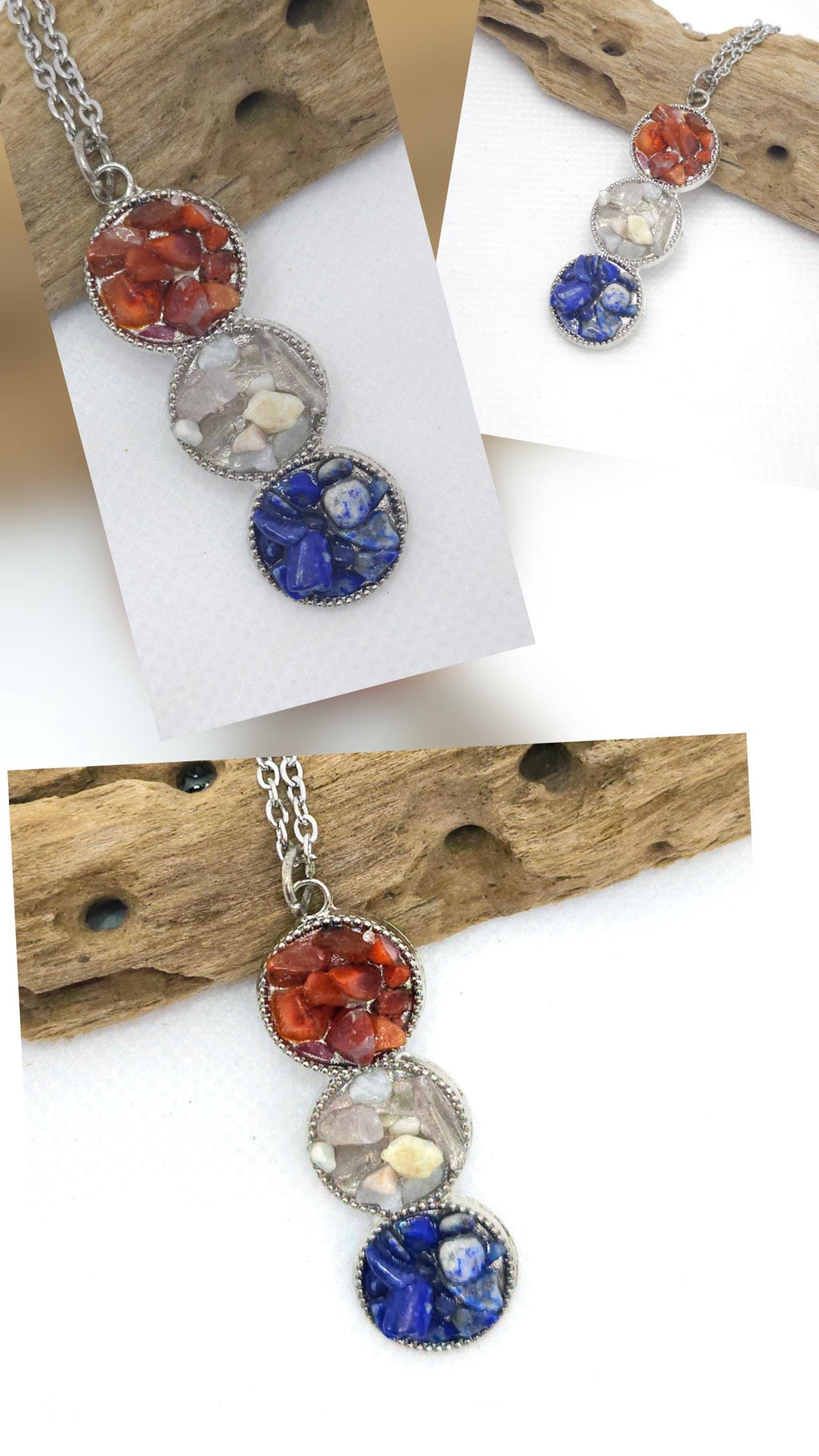 Handcrafted Red White Blue Chip Stone Pendant with Stainless Steel Chain for Rustic Boho Jewelry Lovers - Unique Gift for Everyday Wear