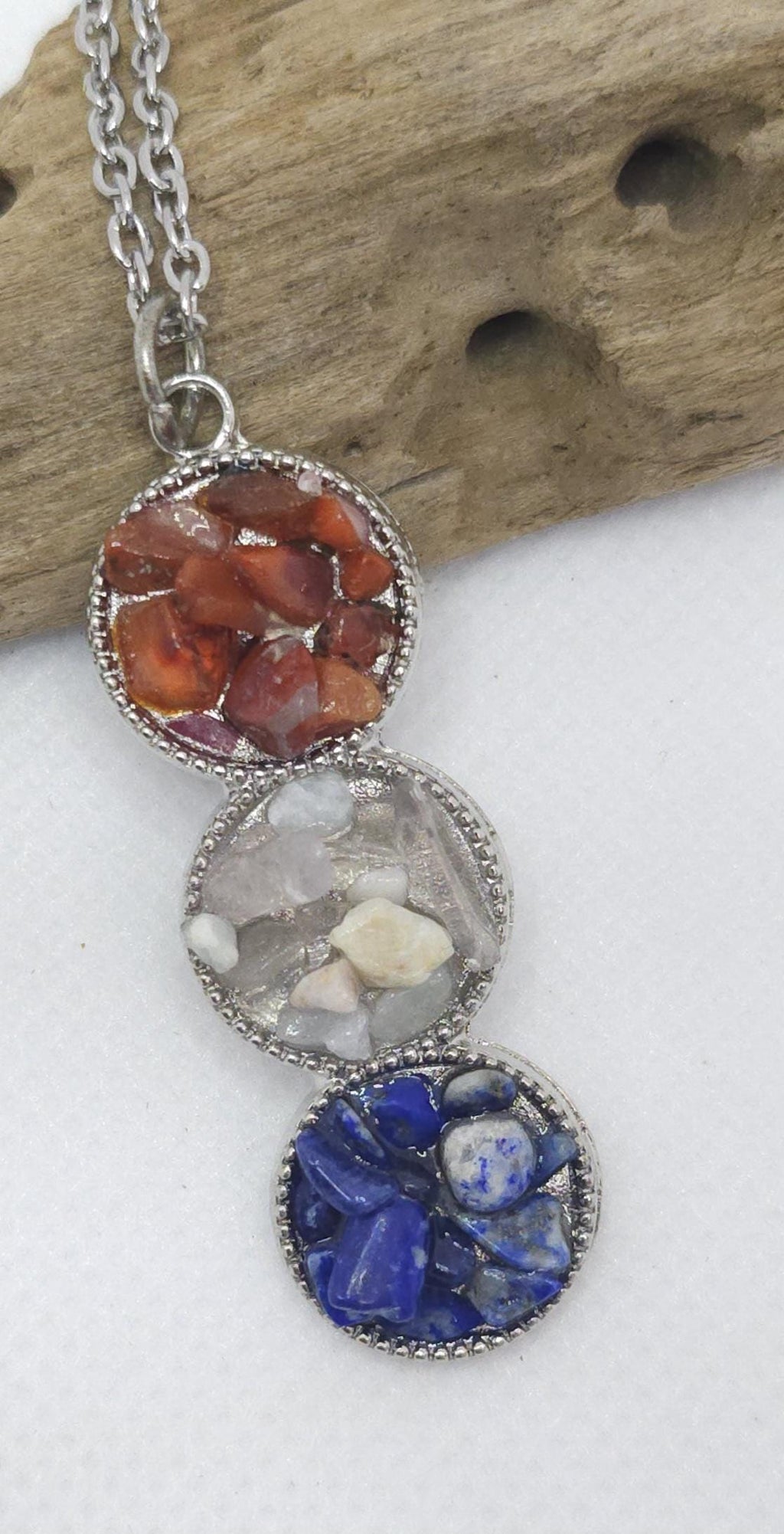 Handcrafted Red White Blue Chip Stone Pendant with Stainless Steel Chain for Rustic Boho Jewelry Lovers - Unique Gift for Everyday Wear