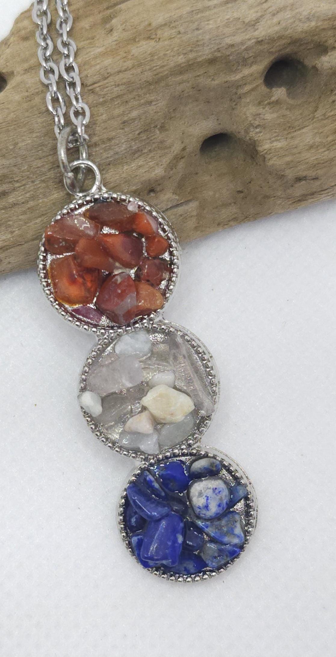 Handcrafted Red White Blue Chip Stone Pendant with Stainless Steel Chain for Rustic Boho Jewelry Lovers - Unique Gift for Everyday Wear