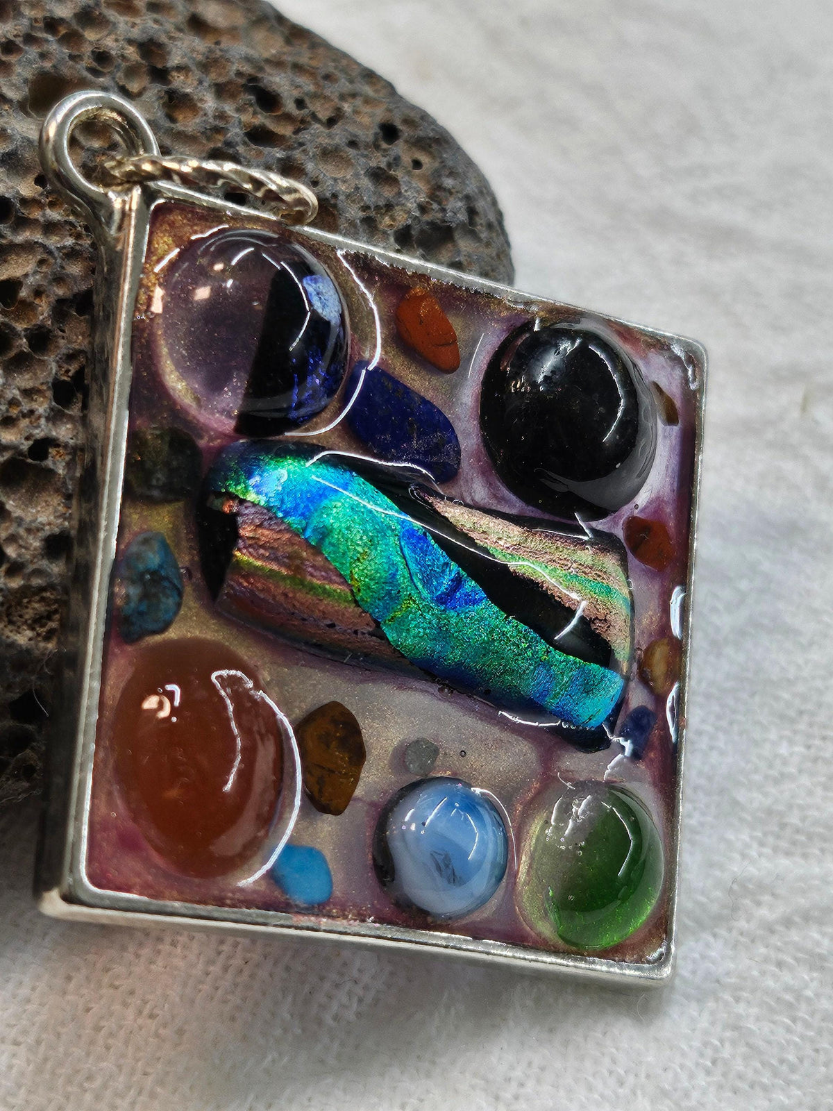 Fused Glass Mosaic Pendant in Rustic Boho Style  Handmade Jewelry Gift for Her  Unique Statement Accessory with FREE Shipping 236