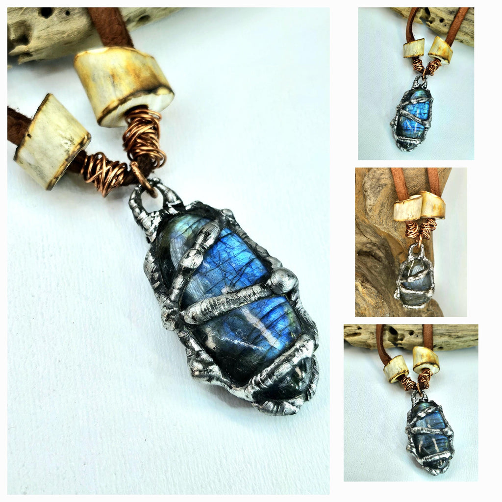 Leather Necklace with Silver-Soldered Blue Labradorite  Deer Antler Beads for Nature-Inspired Style