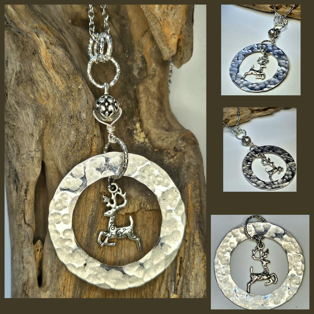 Hand Textured Rustic Boho Deer Charm Pendant Necklace  Unique Handmade Jewelry Gift for Her with Free Shipping  Woodland Goddess