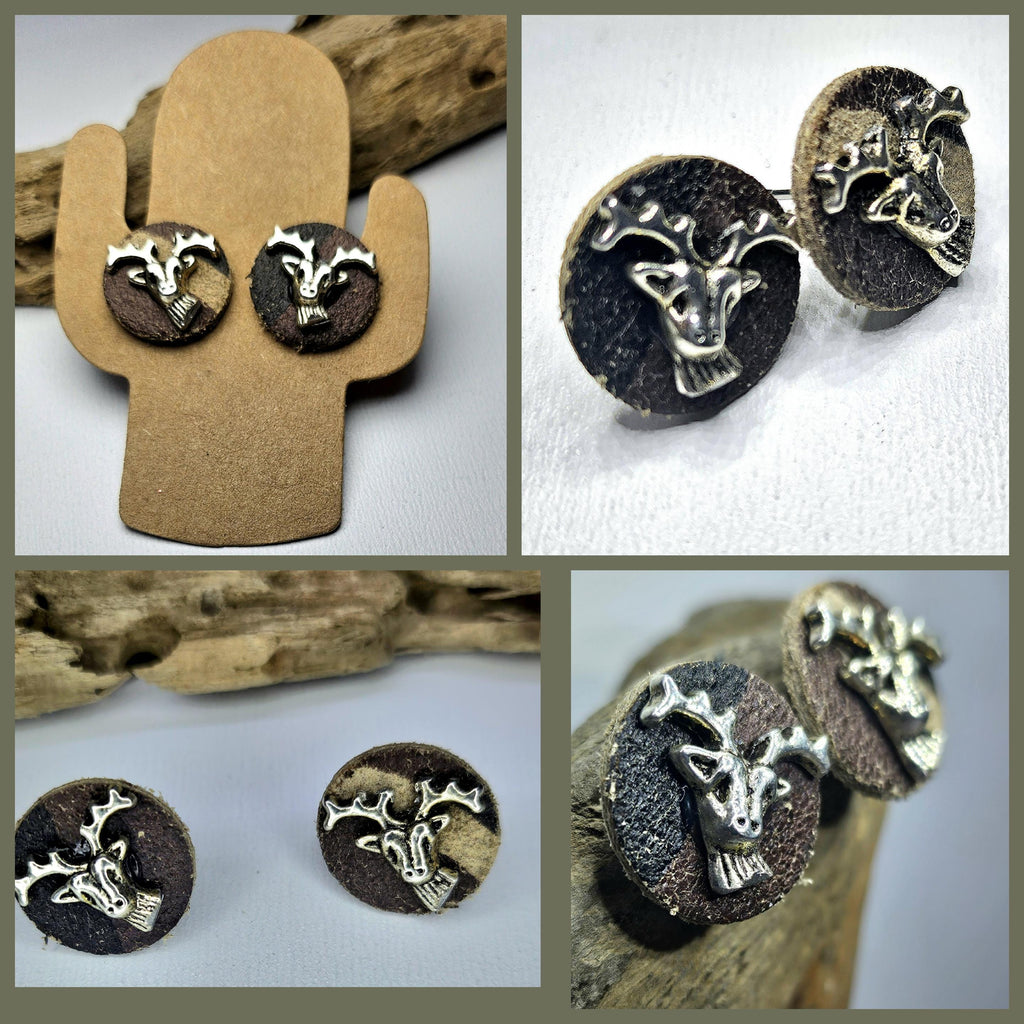 Handcut Camouflage Leather Stud Earrings with Whimsical Deer Charm for Nature Lovers Adventurers  Animal Enthusiasts