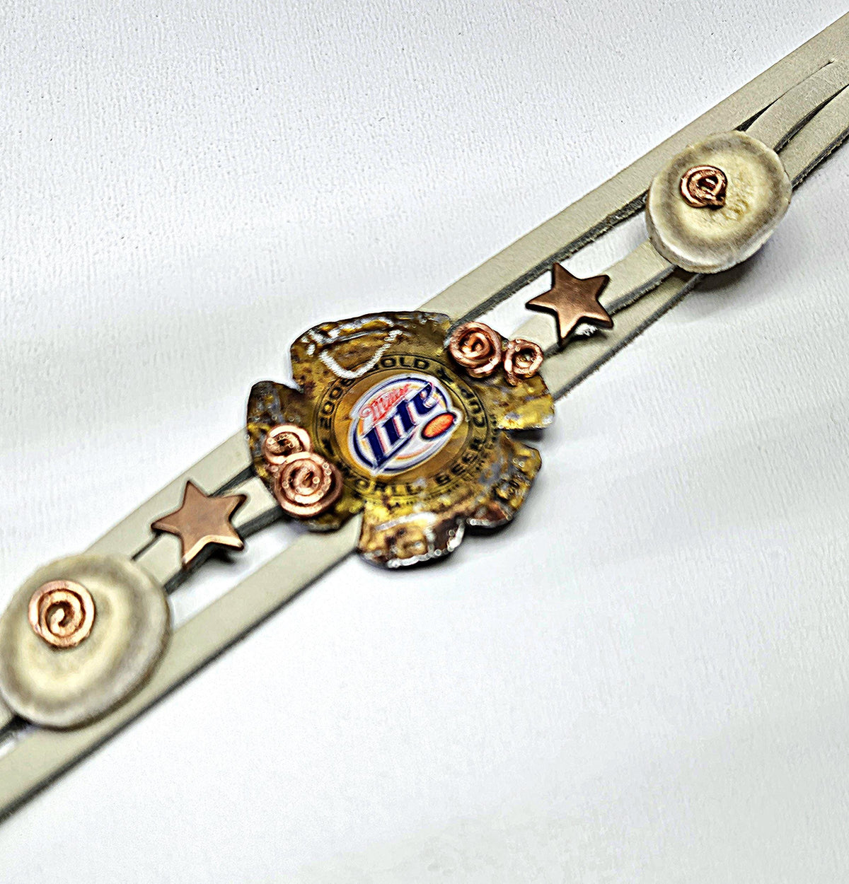 Metal Beer Cap Leather Bracelet with Genuine Deer Antler Slice for Rustic Strength Style  Masculinity