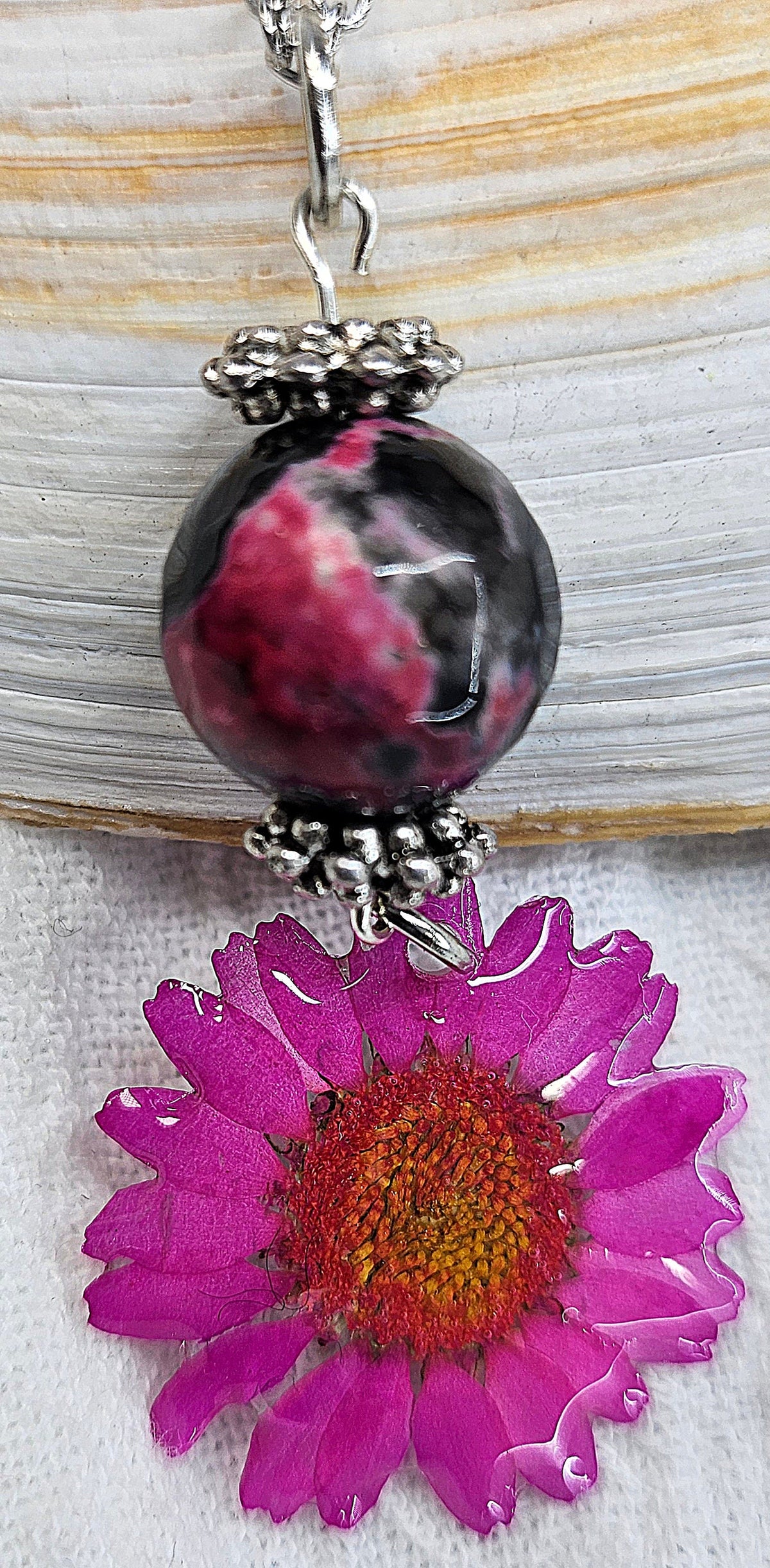 Natural Daisy  Ruby Zoisite Pendant on Stainless Steel Chain - Unique Nature-Inspired Jewelry for Flower Lovers  Fashion Enthusiasts