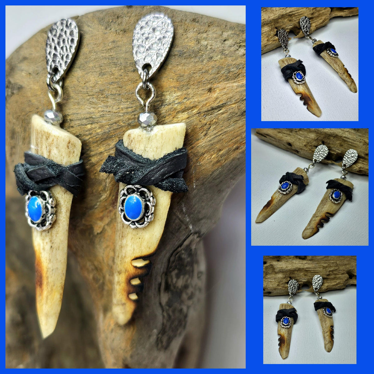 Handmade Rustic Boho Split Deer Antler Tine  Leather Earrings with Turquoise and Gemstones - Unique Gift for Her Free Shipping