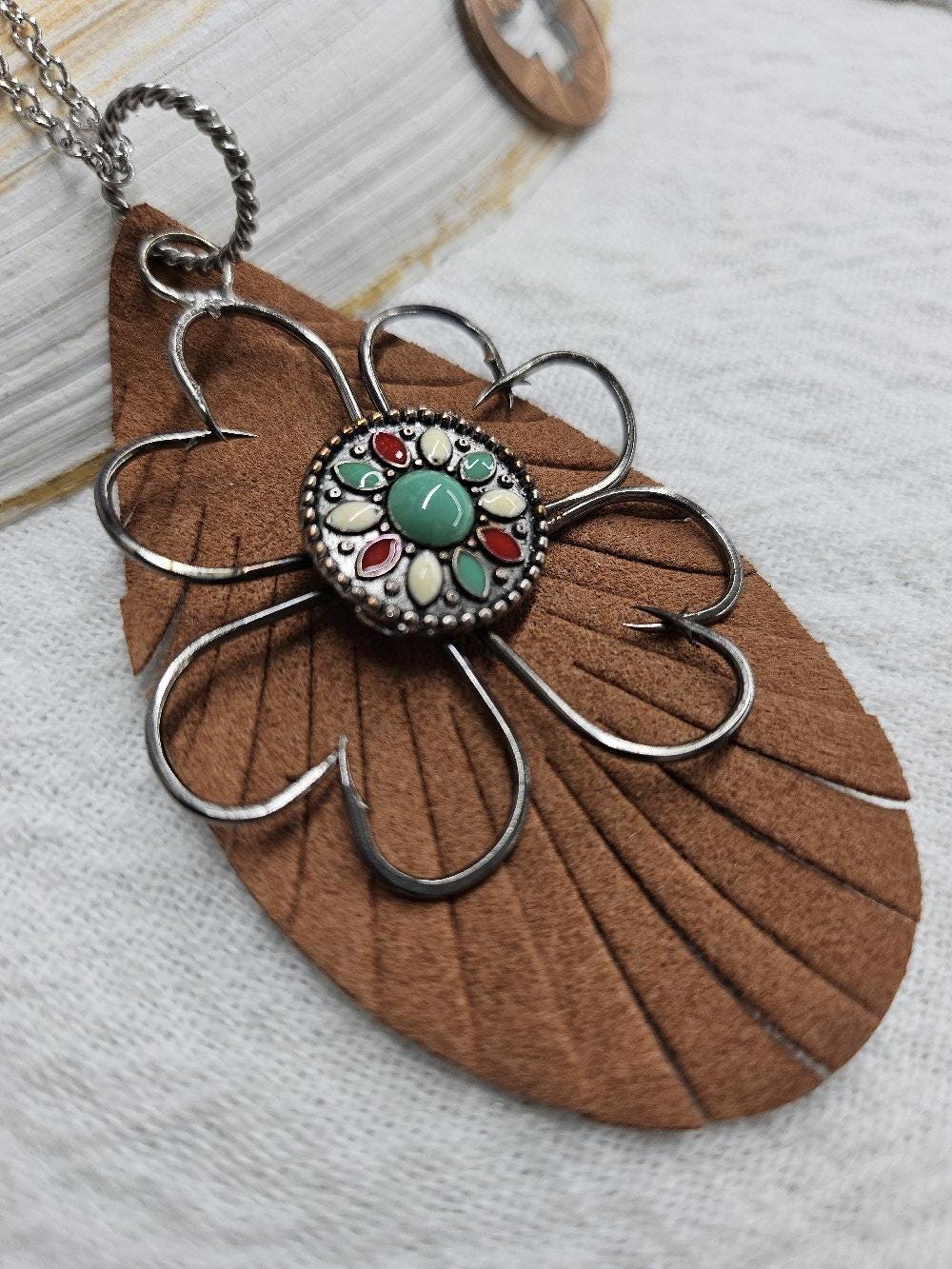 Fish Hook Pendant Necklace with Turquoise Leather Accents on Stainless Steel Chain for Ocean Lovers
