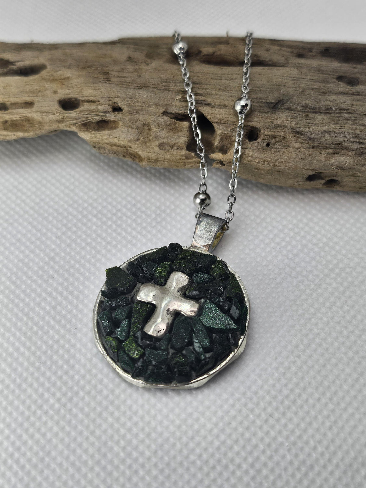 Micro Mosaic Cross Pendant on Durable Stainless Steel Chain - Artistic Jewelry for Unique Style and Conversation Starters