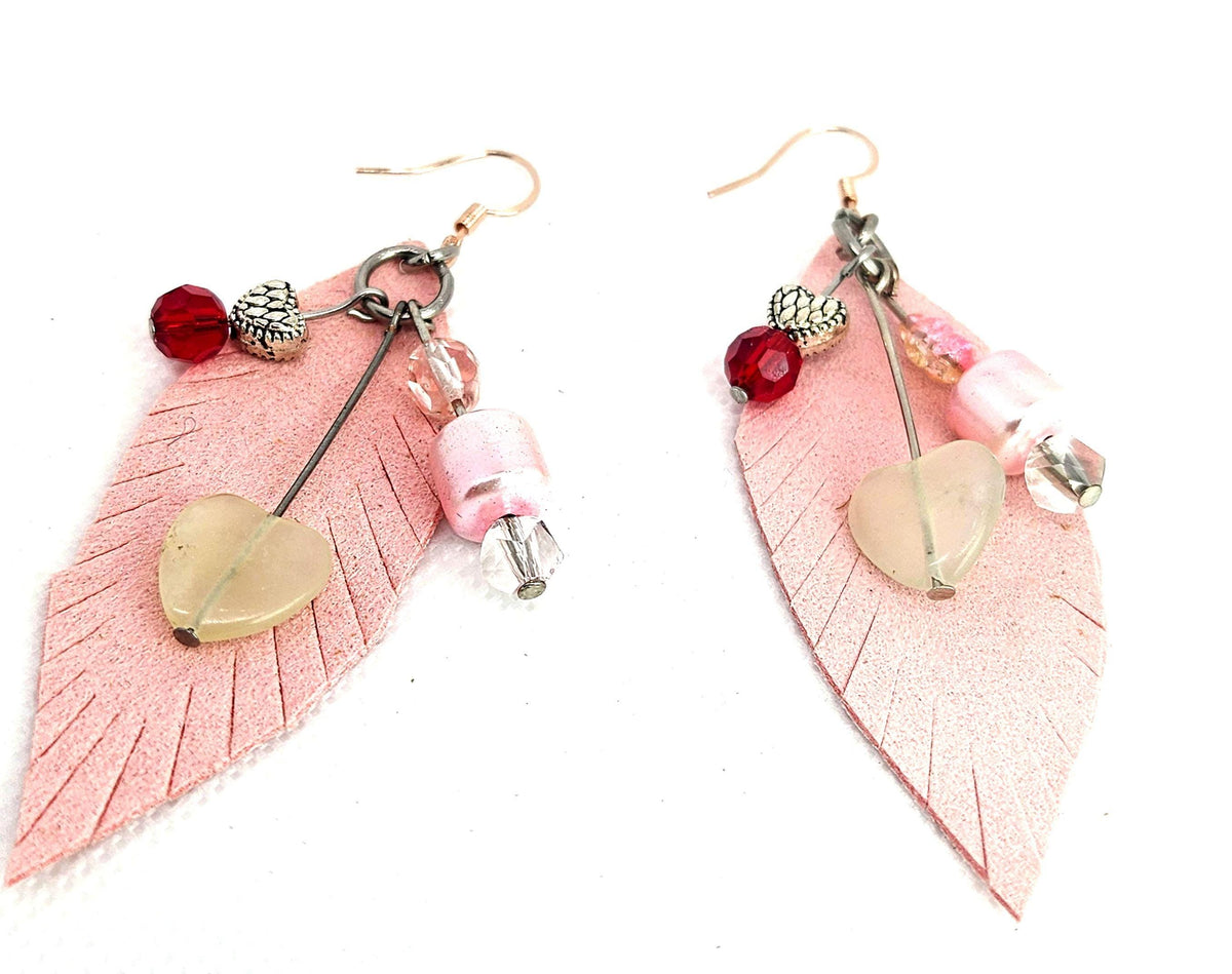 Handcrafted Leather Feather Earrings with Agate  Hematite  Rustic Boho Jewelry with Rose Gold Hooks for Everyday  Special Occasions