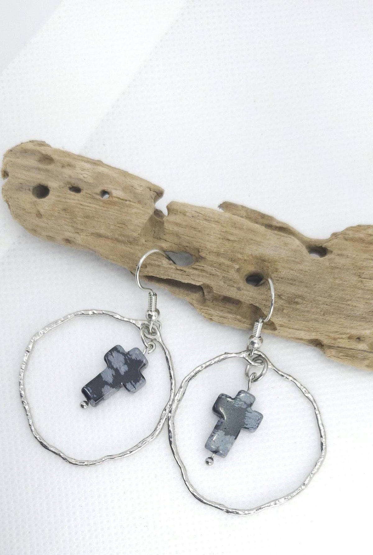 Handmade Snowflake Obsidian Cross Drop Earrings for Rustic Boho Style Elegant Stone Jewelry - Unique Gift with FREE Shipping