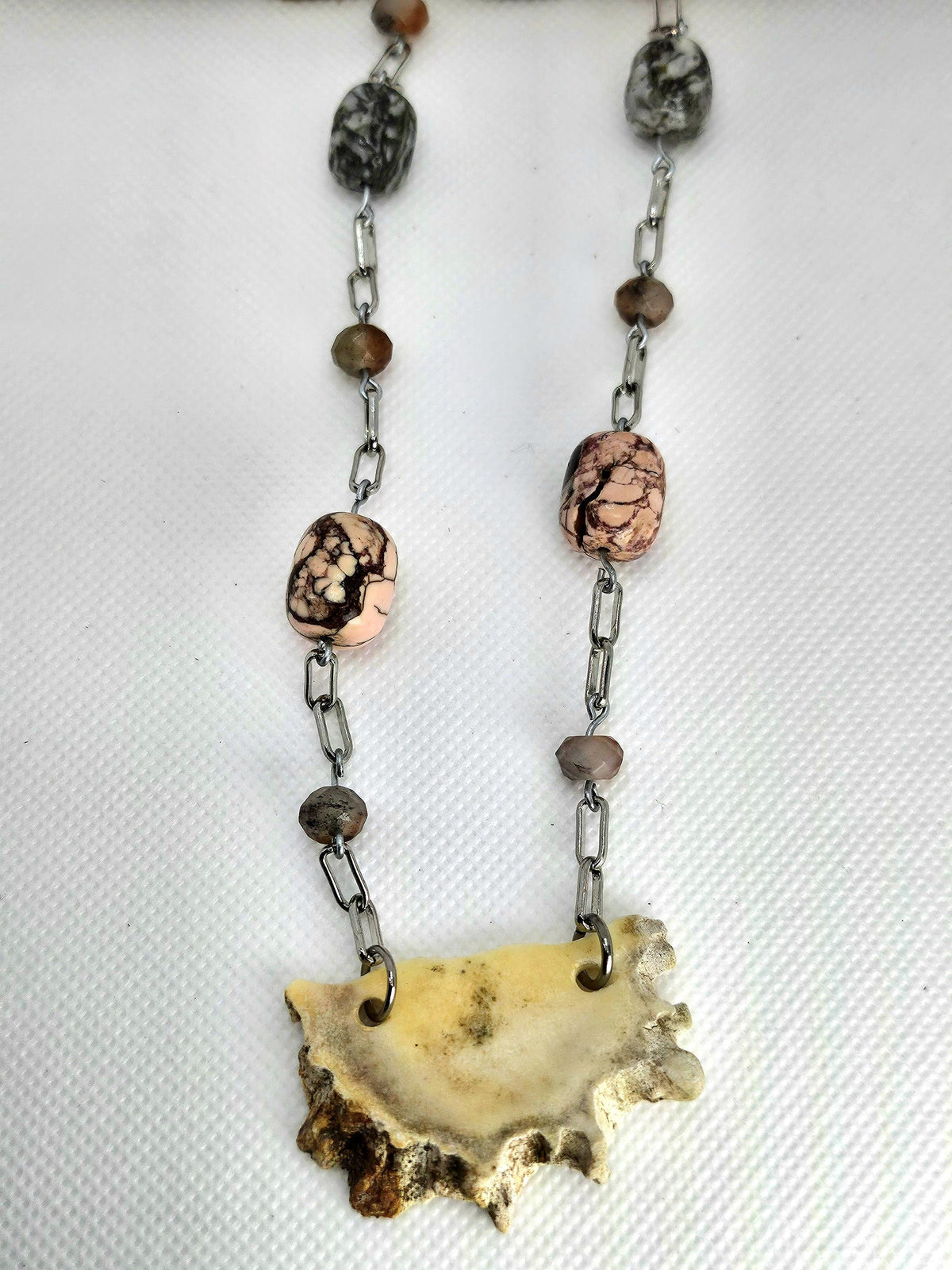 Unique Deer Antler Slice Necklace with Semi-Precious Stones on Stainless Steel Chain - Ethically Sourced Woodland Jewelry for Nature Lovers