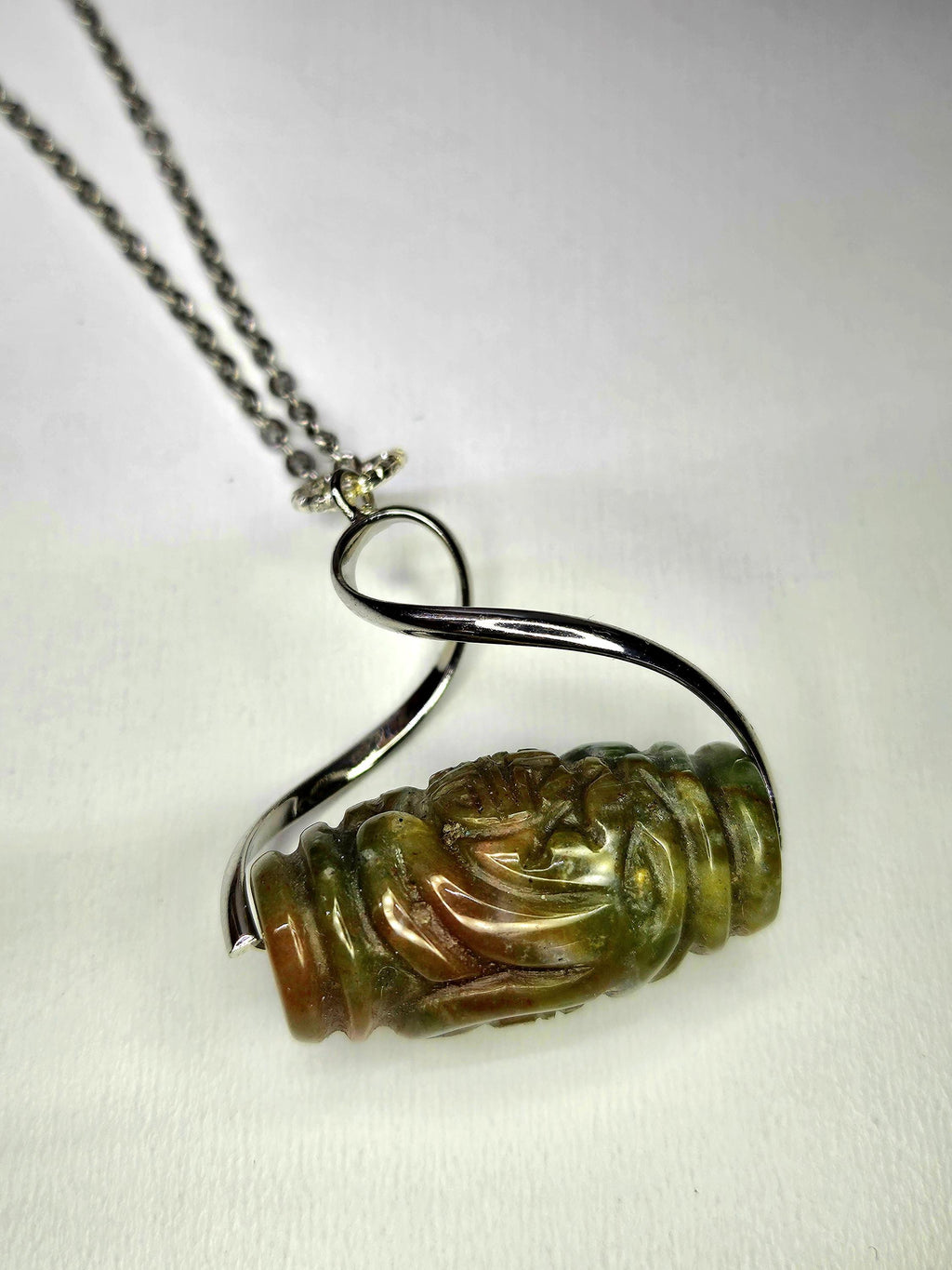 Handmade Carved Jadeite Stone Pendant - Rustic Boho Jewelry Gift for Her - Unique Nature-Inspired Design with Free Shipping