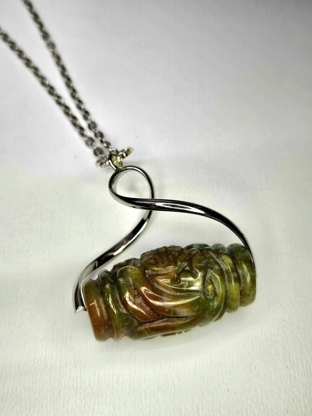 Handmade Carved Jadeite Stone Pendant - Rustic Boho Jewelry Gift for Her - Unique Nature-Inspired Design with Free Shipping