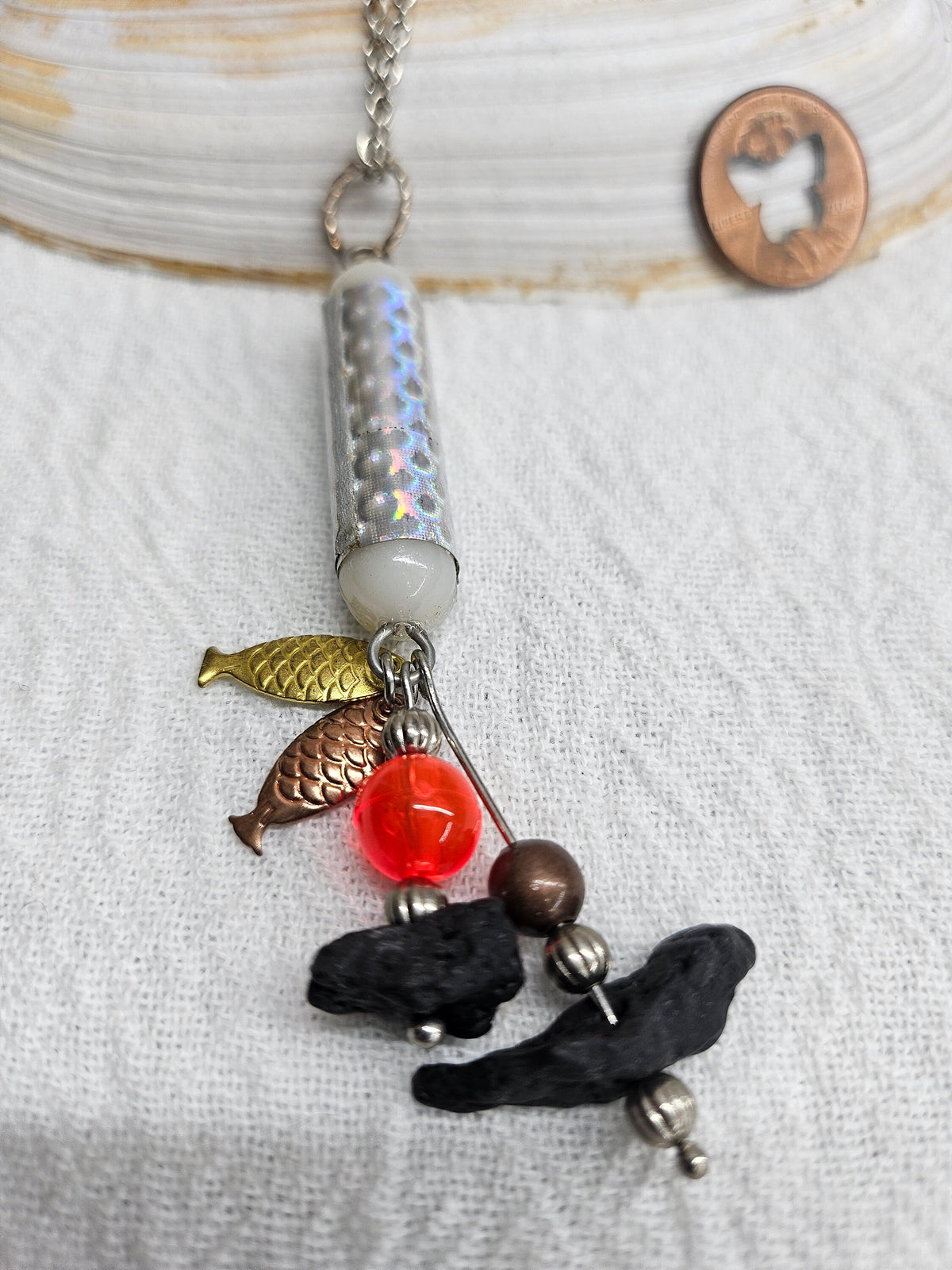 Fishing Charm Pendant with Lava Stone on Durable Stainless Steel Chain for Nature Lovers and Outdoor Enthusiasts