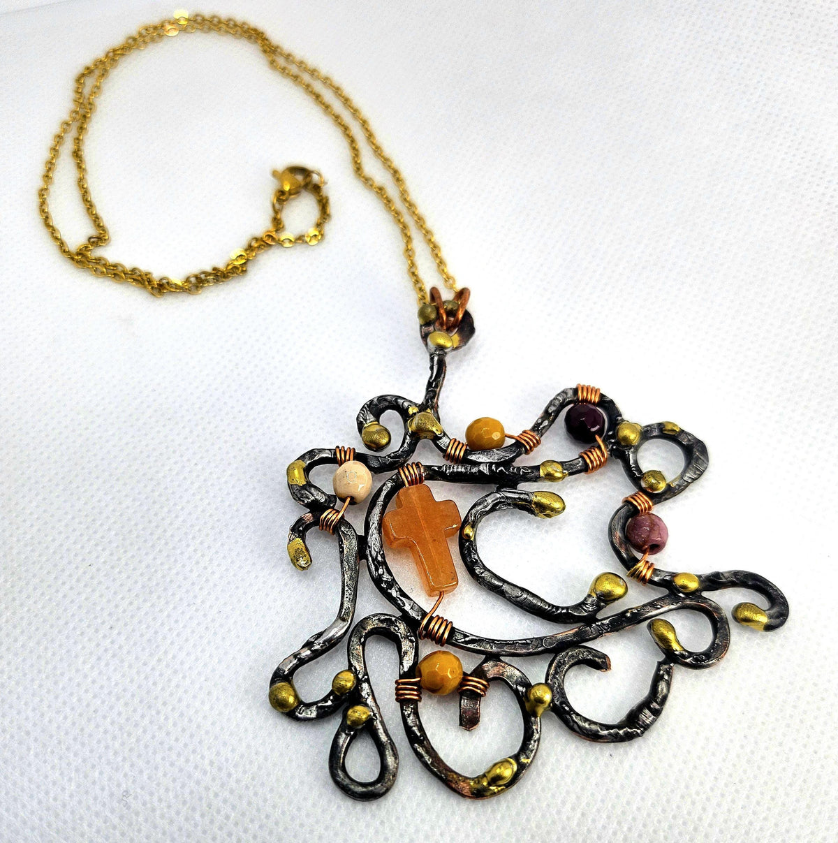 Handmade Carnelian Cross Pendant with Mookite Beads and Silver Solder on Gold Filled Chain - Unique Boho Jewelry Gift for Her Perfect
