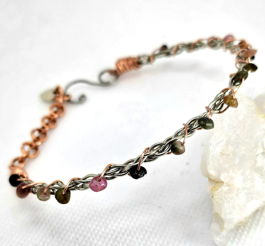 Handmade Tourmaline  Copper Stone Bangle Bracelet - Unique Rustic Boho Jewelry Gift for Her - FREE SHIPPING Rainbow Accessory