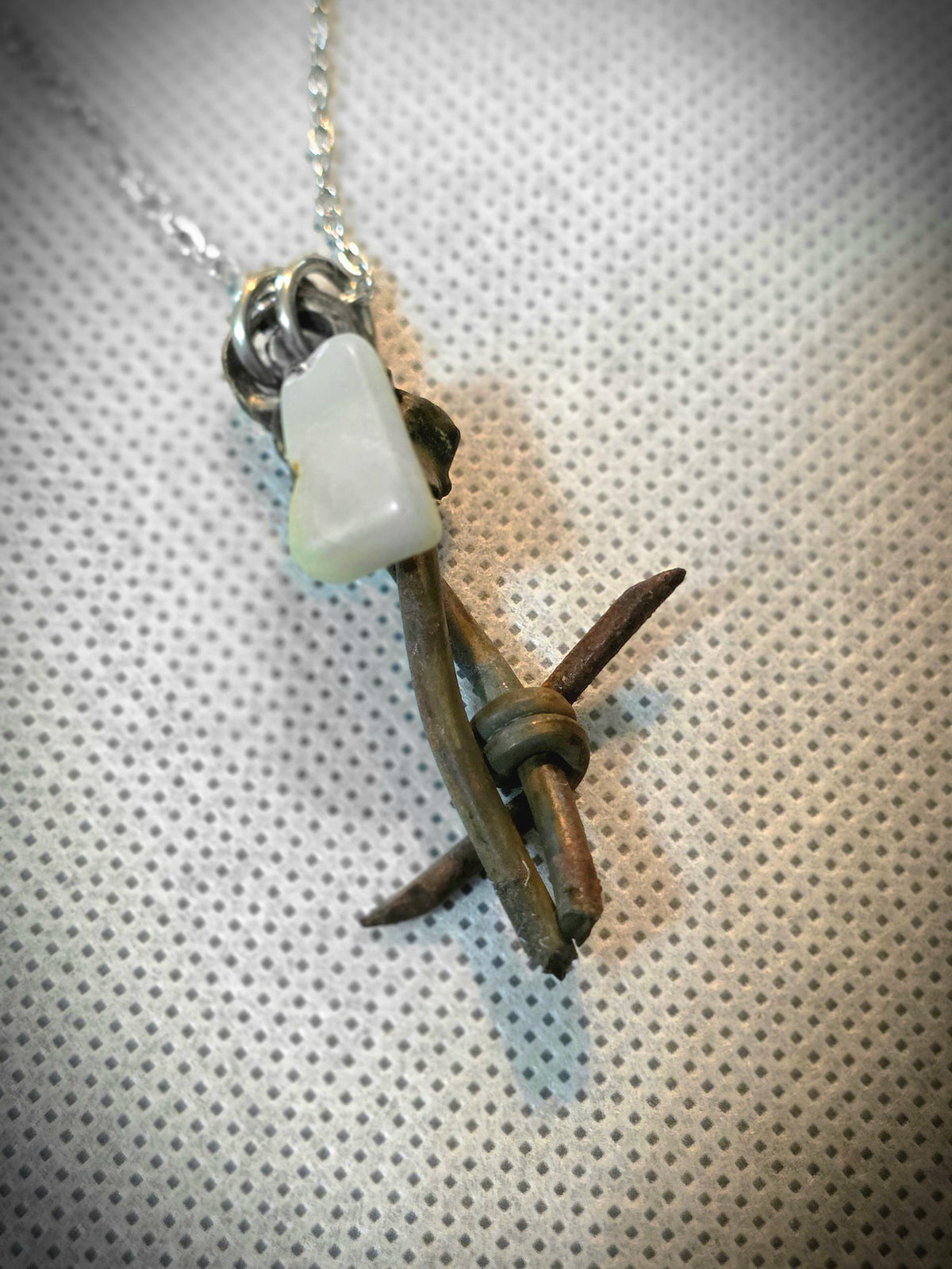 Handmade Barbed Wire Green Jade Pendant on Stainless Steel Chain - Unique Rustic Boho Jewelry for Gift or Personal Style