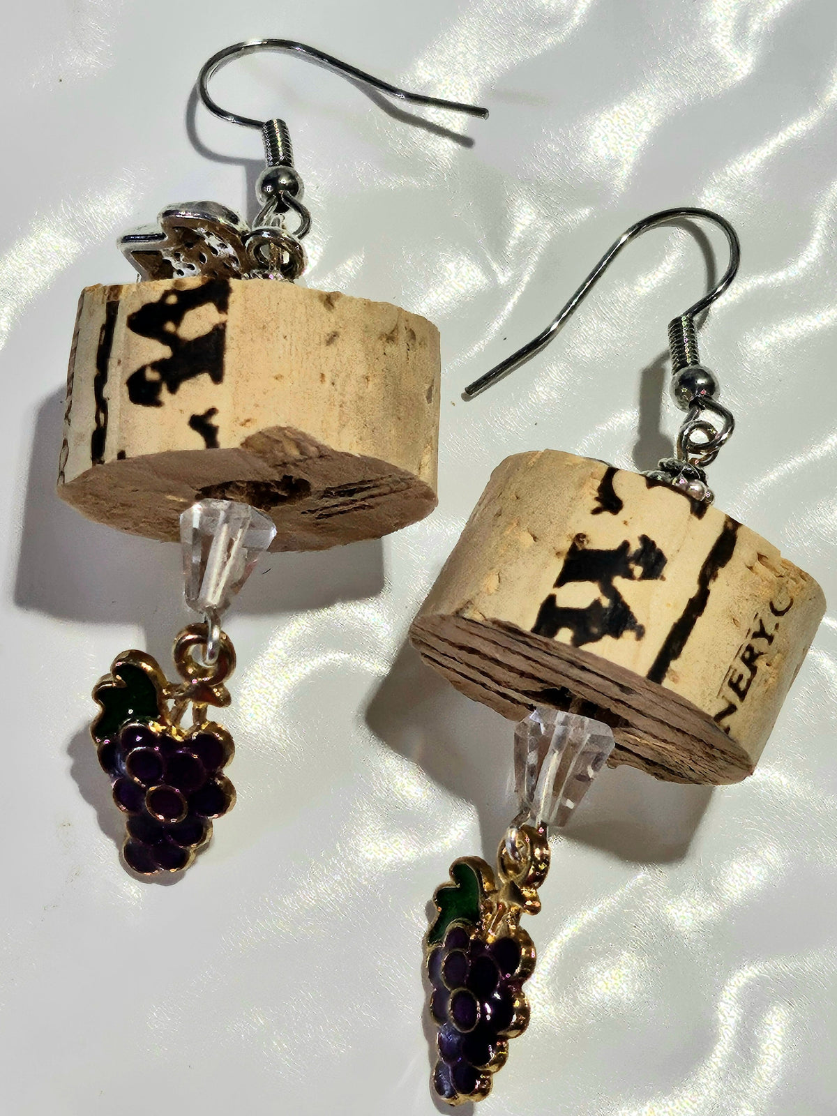 Wine Cork Earrings: Grape Charm, Stainless Steel Hooks