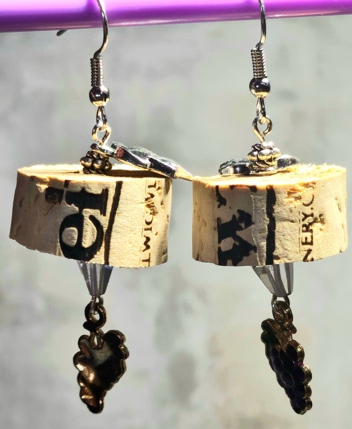 Wine Cork Earrings: Grape Charm, Stainless Steel Hooks